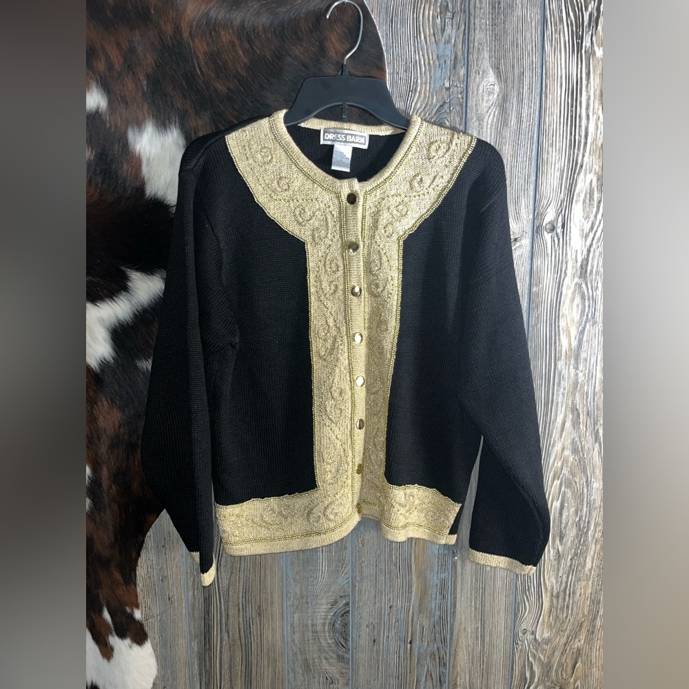 Dress Barn size large very beautiful beaded black and gold button up cardigan